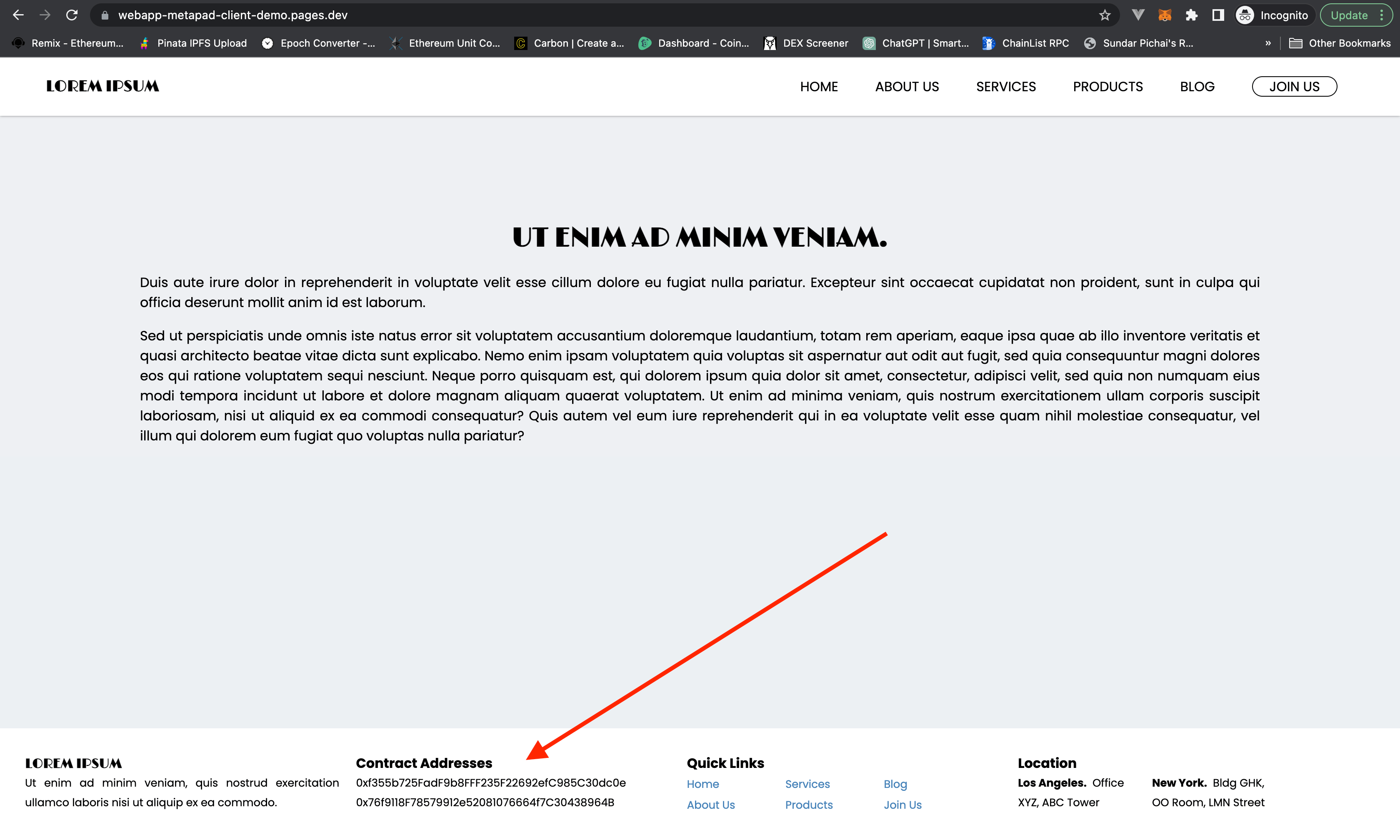 Sample project website displaying the contract addresses in footer